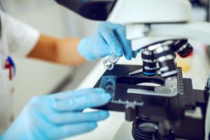 Scientist uses a microscope to test a sample