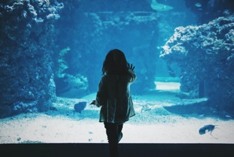 girl in front of aquarium glass