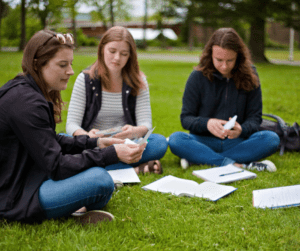BCBAs sit on the grass and gather for a study group.